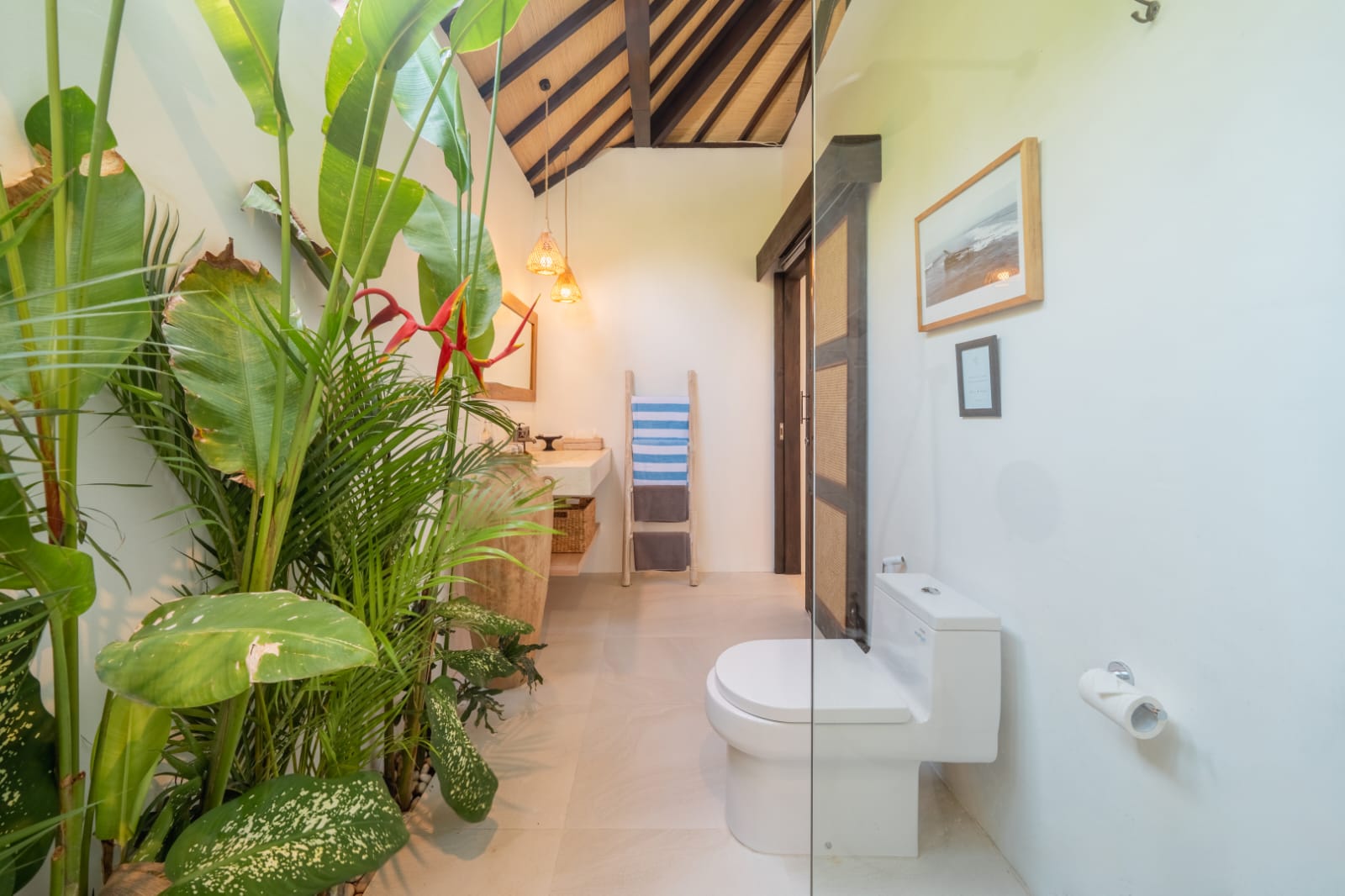 Bathroom vanity with towel ladder and garden
